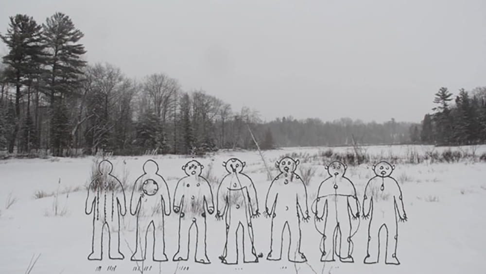 Snowy field with crewed drawings of native americans